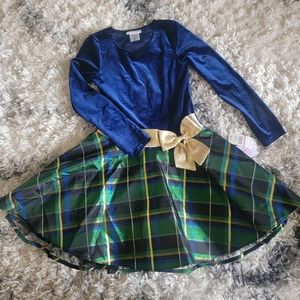 NWT Bonnie Jean BLUE Toddler Girls' Velvet & Plaid Holiday Hipster Dress,